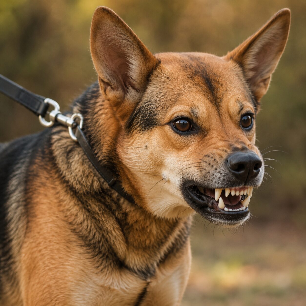 散歩中に吠える犬の警戒した表情と緊張したボディランゲージ