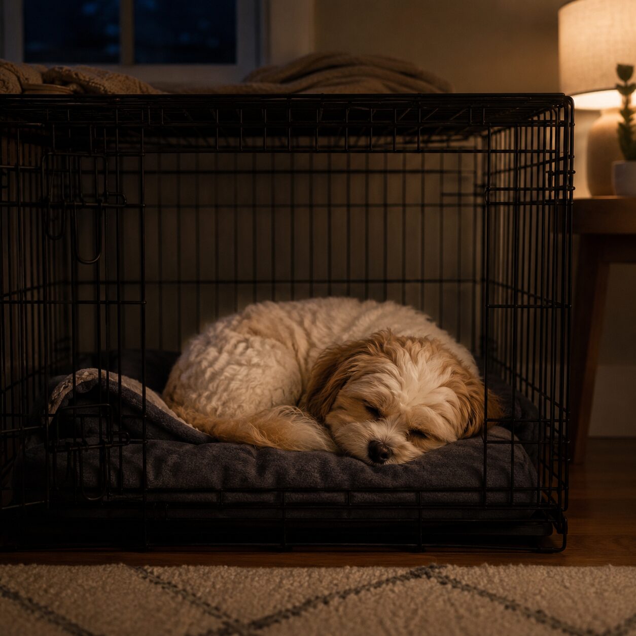 犬の夜鳴き対策にクレートで安心して眠る小型犬