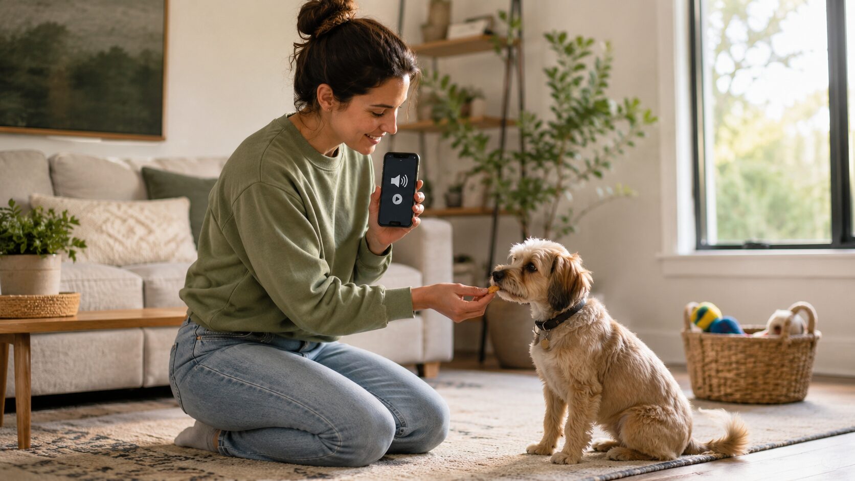 犬がチャイムに吠えないようにスマホ録音で脱感作トレーニングをする様子