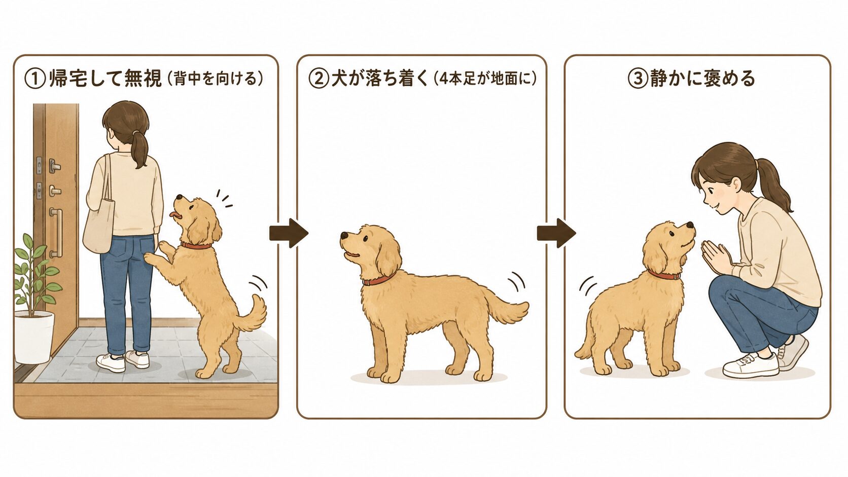 犬の飛びつきをやめさせる帰宅時の無視トレーニング手順