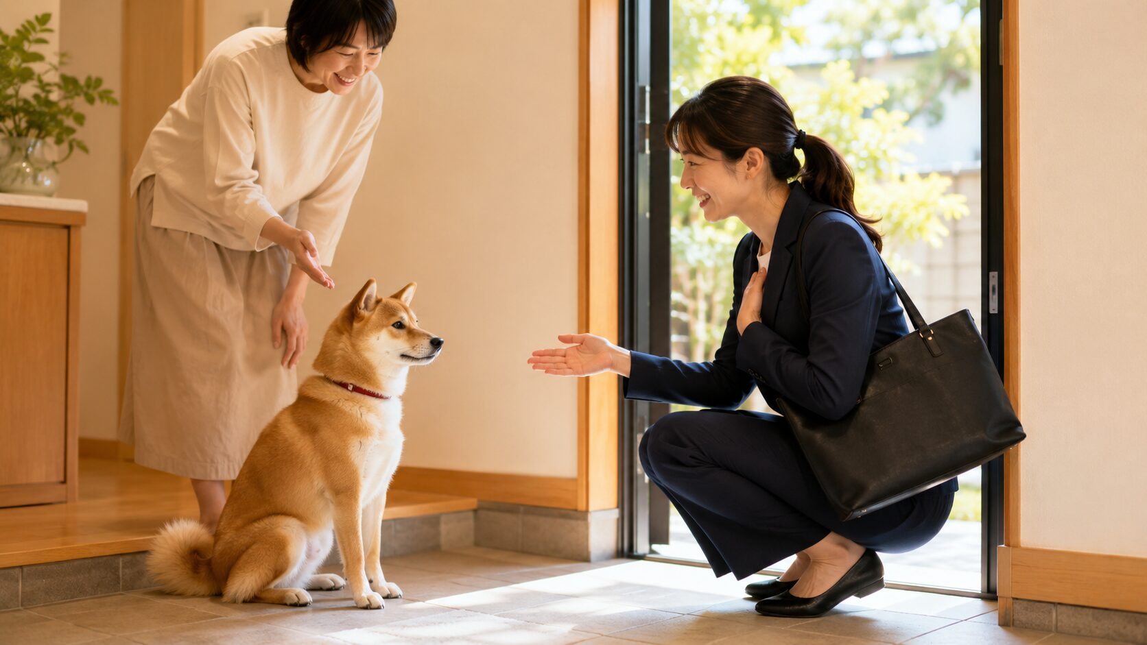 犬が飛びつかずに座って挨拶できるようになった様子
