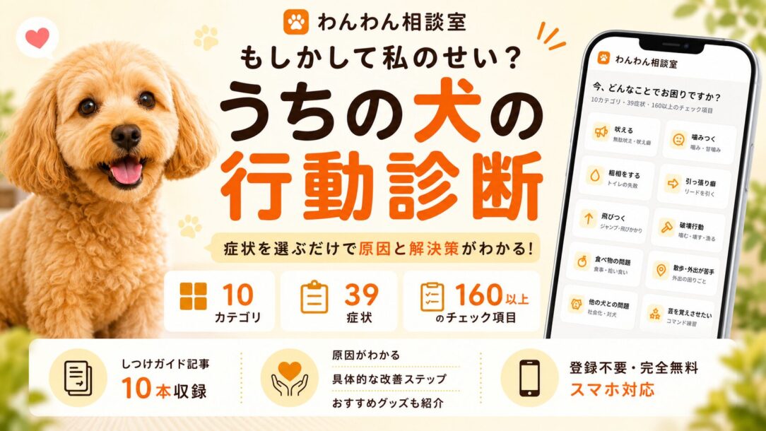 犬のしつけに悩む飼い主のための無料診断アプリ「わんわん相談室」。吠える・噛む・粗相など10カテゴリ・39症状を診断して原因と解決策を提案。症状別しつけガイド10本も収録。