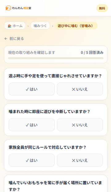 犬の現在のしつけ状況をチェックする画面