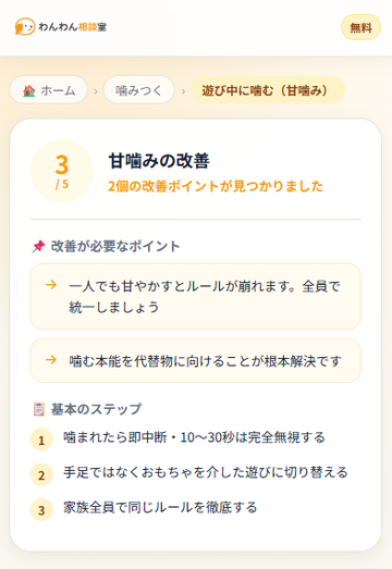 犬のしつけ診断結果と改善ポイントの表示画面