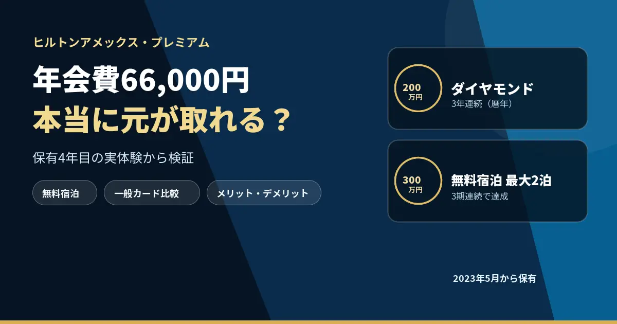 ヒルトンアメックスプレミアムの年会費と200万円・300万円特典を検証する記事のアイキャッチ
